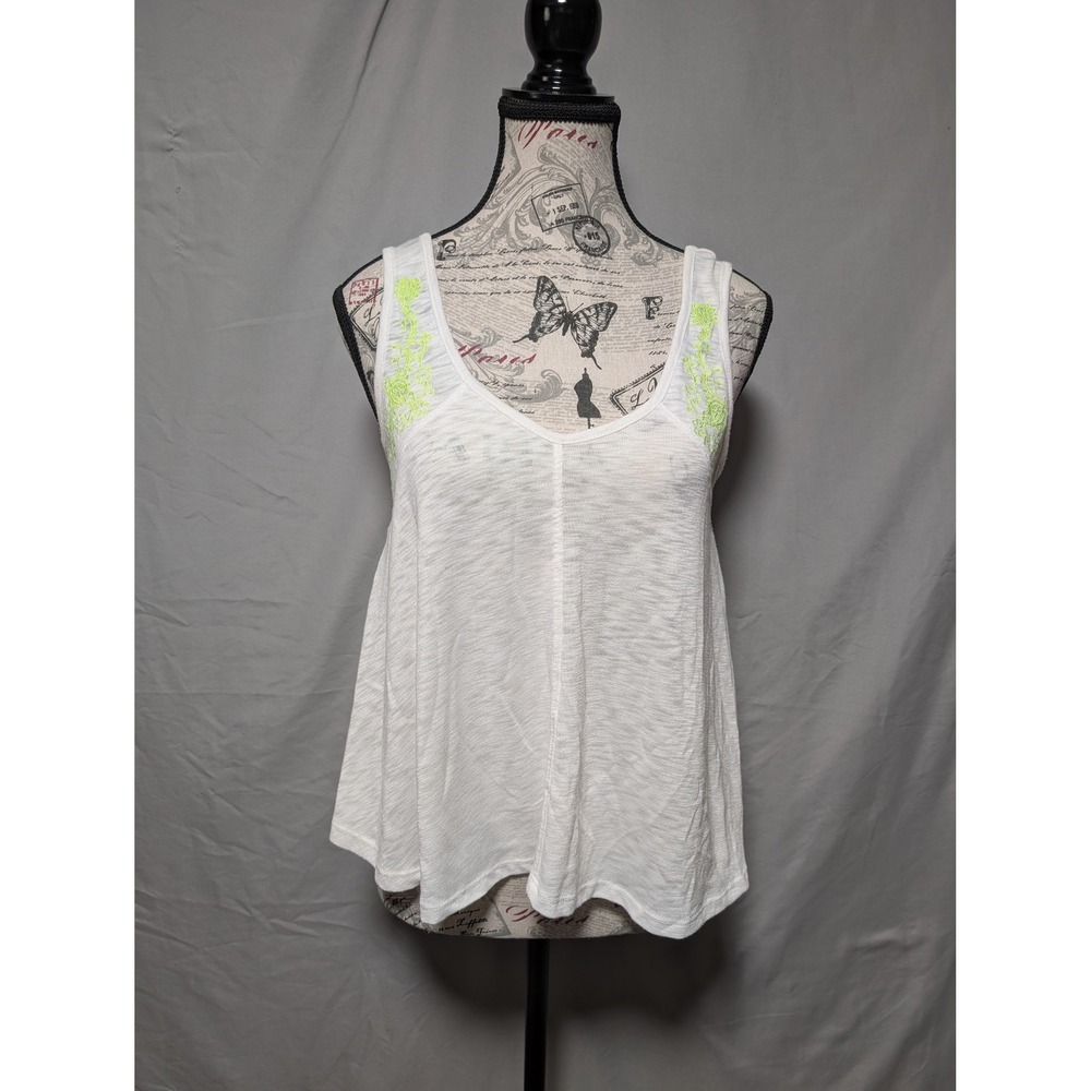 Love On A Hanger White Tank Top Neon Embroidered Floral Detail Boho Medium